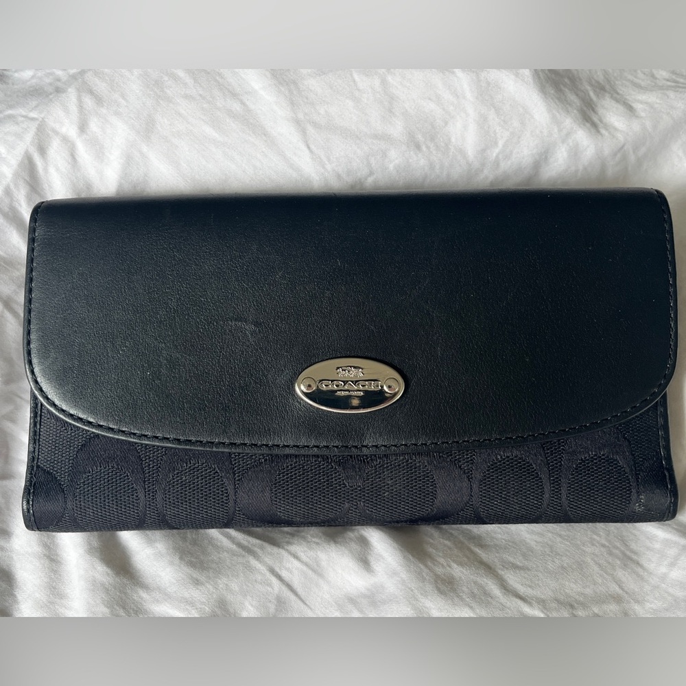 EUC Coach Black Leather and Canvas Signature Wallet with Flap Closure